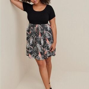 Torrid BLACK TROPICAL CHALLIS SMOCKED MINI DRESS
